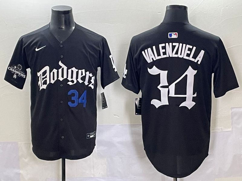 Men 2025 Los Angeles Dodgers #34 Valenzuela Black Seventh generation Joint Name Nike MLB Jersey style 3